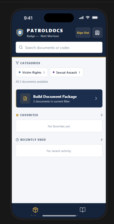 PatrolDocs app home screen showing category filters and document counts.