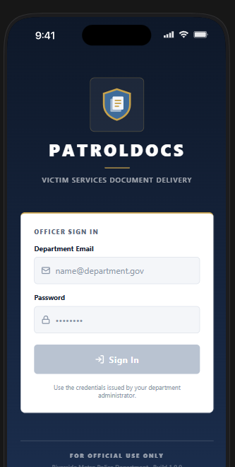 PatrolDocs officer sign-in screen.