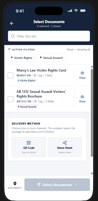 PatrolDocs officer app showing the document selection screen, with Victim Rights and Sexual Assault documents checked and a delivery method selector below.