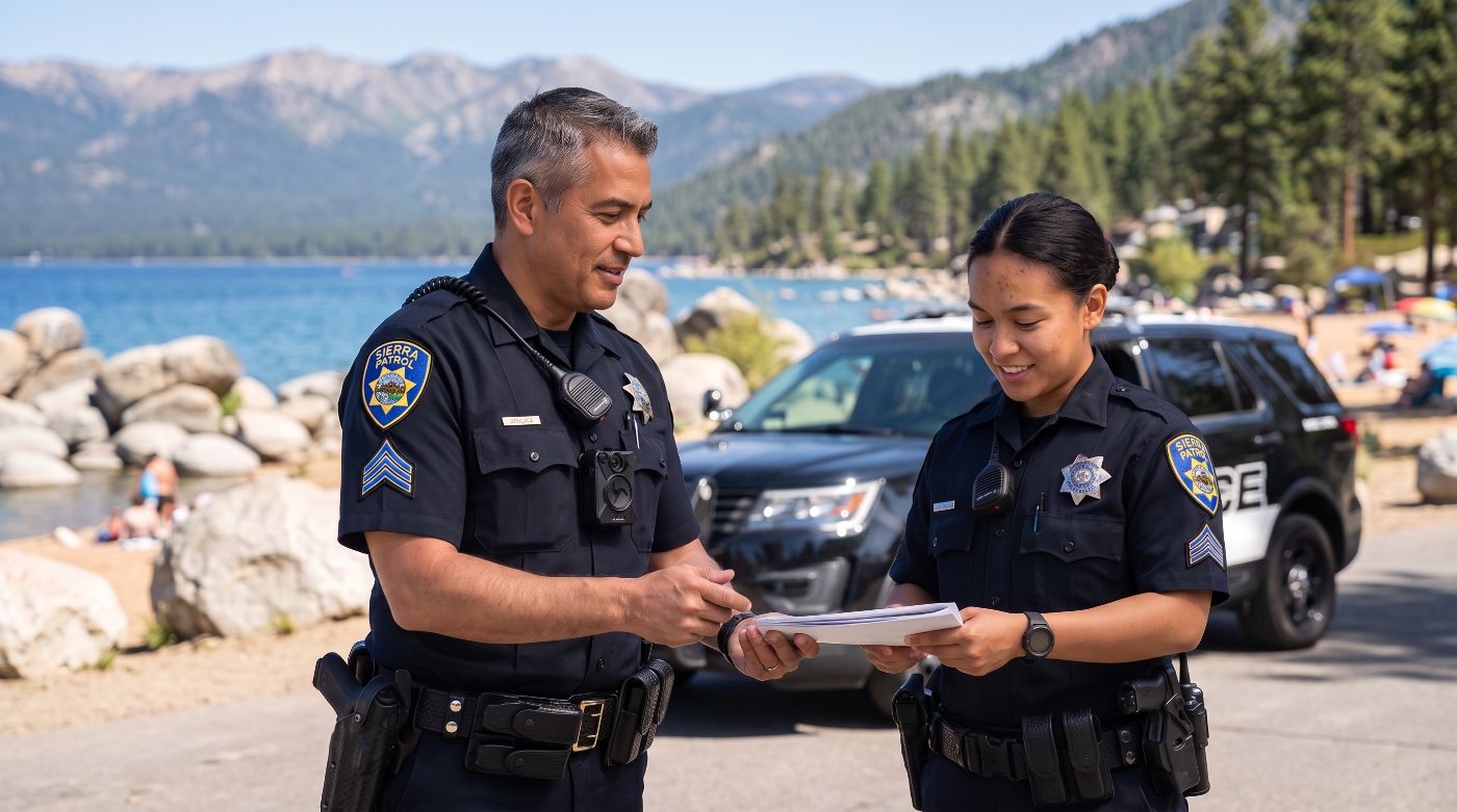 A supervisor handing off documents to an officer in the field