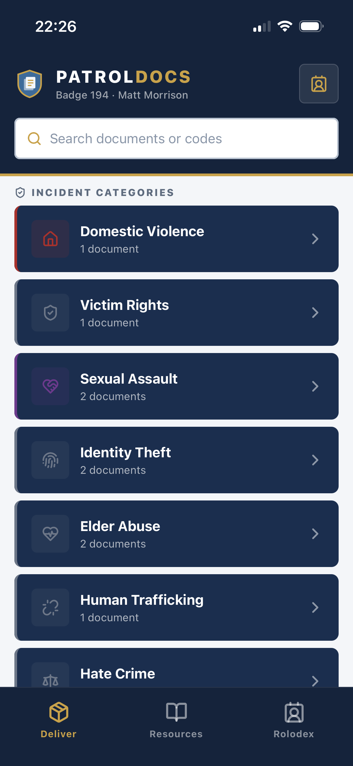 PatrolDocs incident-category screen showing Domestic Violence, Victim Rights, Sexual Assault, Identity Theft, Elder Abuse, Human Trafficking, and Hate Crime categories with document counts.