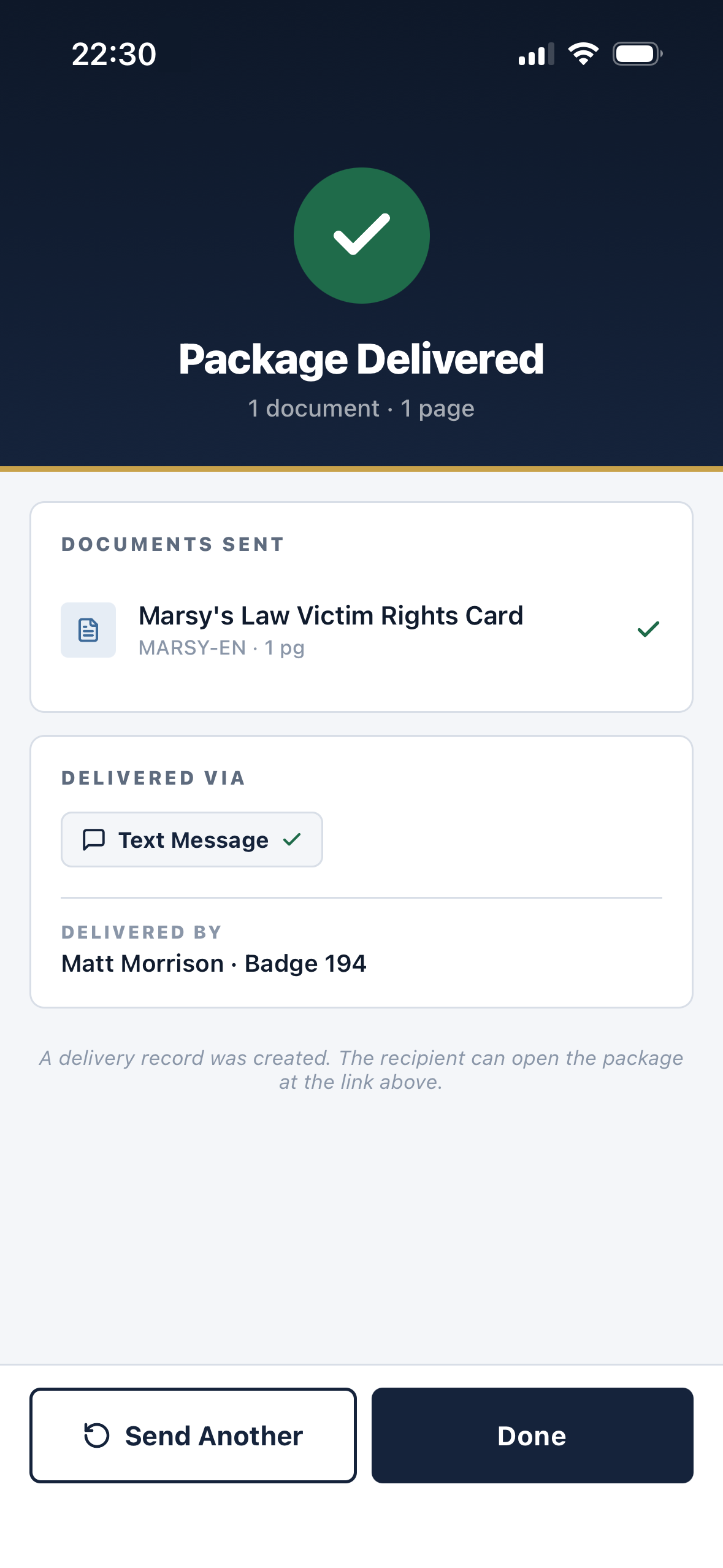 PatrolDocs delivery confirmation screen showing Marsy's Law Victim Rights Card sent by text message and delivered by Matt Morrison, Badge 194.