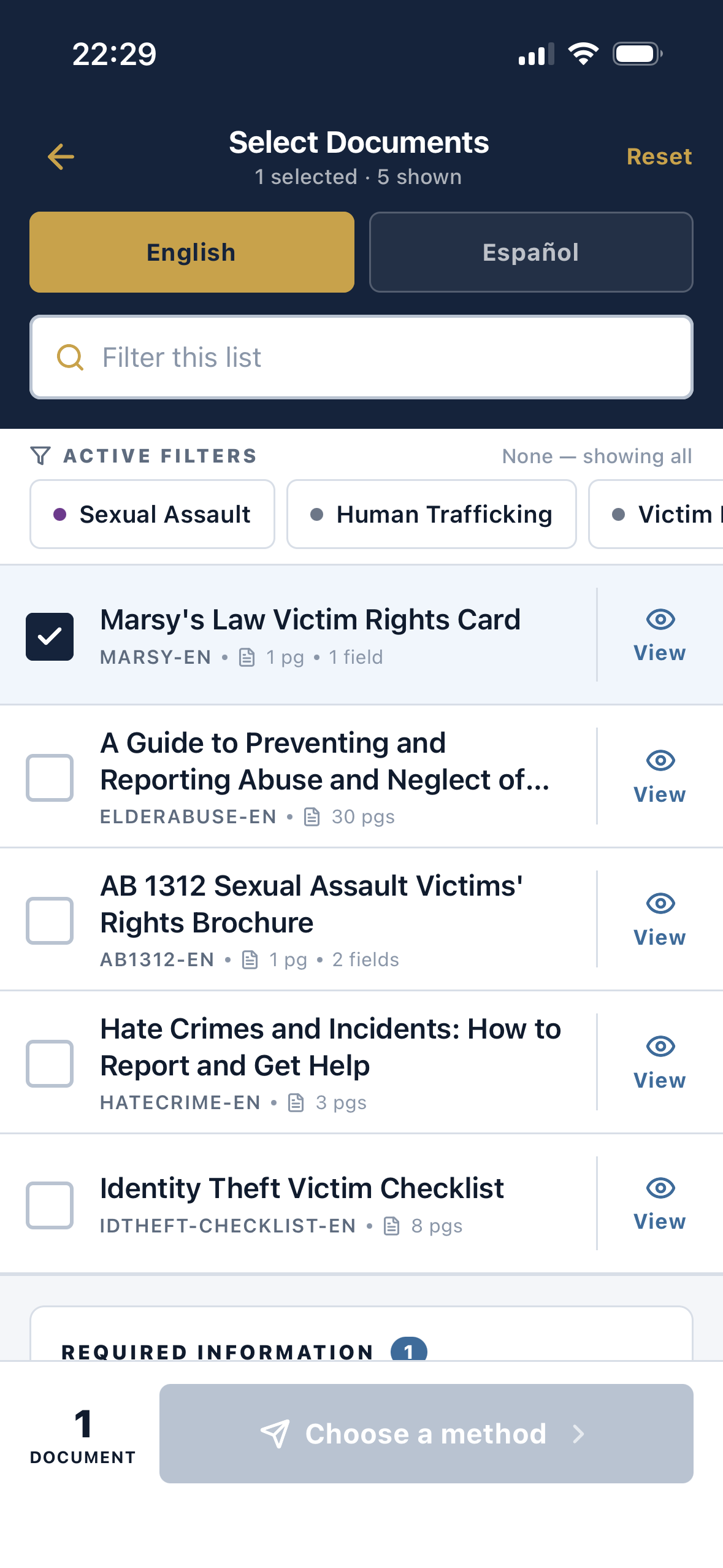 PatrolDocs document-selection screen with Marsy's Law Victim Rights Card checked, English and Español controls, a filter search field, and category filter chips.